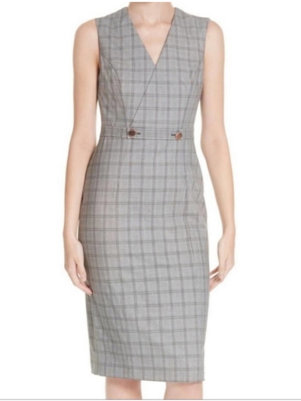 Ted Baker Ristad Sleeveless Gray Plaid Sheath Dress size small V-Neck Pencil